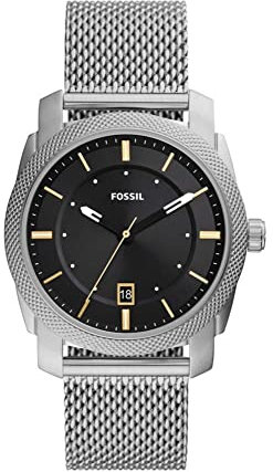 Fossil Orologio Machine da uomo, movimento a tre lancette con data, cassa in acciaio inossidabile argentata di 42 mm con bracciale in acciaio inossidabile, FS5883, Tono argento e nero