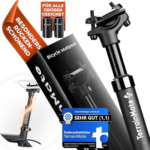 TerrainMate Sattelstütze Gefedert für E-Bike, Trekking, MTB, Citybike Federsattelstütze [27,2 / 30,9 / 31,6mmØ] Gefederte Sattelstütze mit 2 Distanzhülsen SoftRide 55-125kg -Ab jetzt Schmerzfrei
