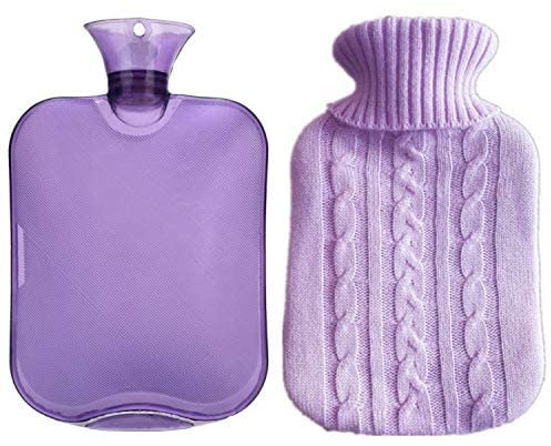 Classic Transparent Hot Water Bottle, 2 Liter Hot Water Bag with Knitted Cover for Adults or Kids (Green) (Purple)