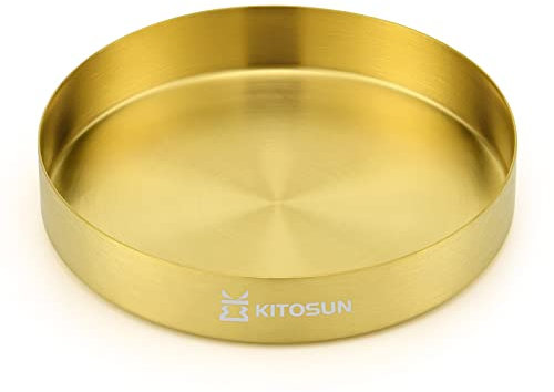 Gold Tray Round Serving Platter - Metal Decorative Plate for Coffee Table Centerpieces Perfume Vanity Jewellry Display Cosmetic Storage Counter Bathroom Bar Club Lounge Accessory (8W)