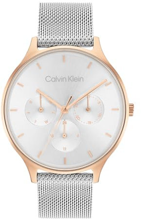 Calvin Klein Orologio Analogico Multifunzione al Quarzo da Donna Collezione TIMELESS MESH MF con Cinturino in Maglia Metallica in Acciaio Inossidabile Argentato - 25200106
