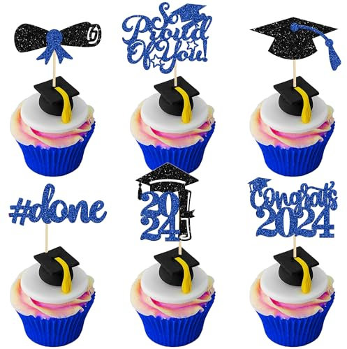 Gyufise 24 Stück 2022 Graduation Done Cupcake Topper Blau Glitzer Congrats Klasse of 2022 Diplom Grad Cap Cupcake Picks So Proud of You Cake Decorations for 2022 Graduation Theme Party Supplies