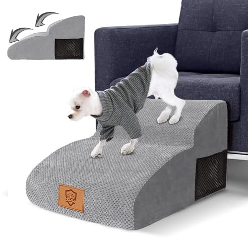 Myiosus Scaletta per Cani 2 Gradini, Scaletta per Cani Piccola Taglia, Scala per Animali Domestici in Schiuma per Divano e Letto, Antiscivolo, Impermeabile, Rimovibile, Lavabile, Grigio