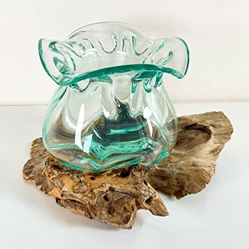 Darthome Molten Crinkle Glass Bowl On Teak Root Wood Stand Rustic Lipped Decor Ornament