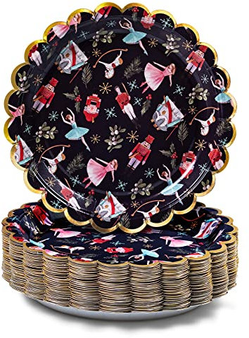 Confettiville Lot de 50 assiettes en carton de Noël jetables, casse-noisette, bord festonné en feuille d'or, 22,86 cm