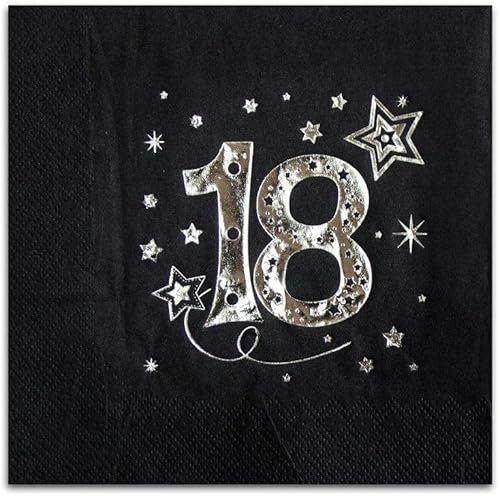 Papierservietten für 18. Geburtstag, Party, achtzehnter Geburtstag, Goldschrift, Silberschrift, Tischdekoration, 33x33cm Schwarze Servietten, Sterne (Silber)