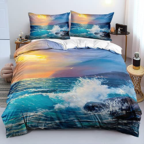 DXHOME 3D Bettwäsche 135x200 4teilig Maritim Sonnenuntergang Blau Hochwertige Mikrofaser Bettwäsche Wellenmuster Wendebettwäsche mit Reißverschluss 2 Bettbezüge 135x200 cm 2 Kissenbezüge 80x80 cm