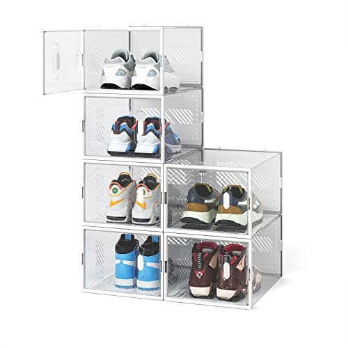 FUNLAX Shoe Boxes, 6 Pack Shoe Storage Box Clear Plastic Stackable, Shoe Storage Organisers with Magnetic Door, Fit up to UK Size 12