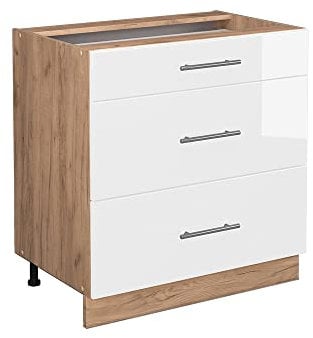 Vicco Küchenunterschrank Fame-Line, Weiß Hochglanz/Goldkraft Eiche, 80 cm mit 3 Schubladen, ohne Arbeitsplatte