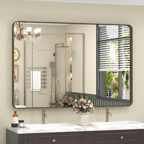 CHARMOR 48x30 Bronze Badezimmerspiegel für die Wand, gebürstete Bronze Metall gerahmter Badezimmer-Schminkspiegel, abgerundeter rechteckiger Spiegel, rostfrei, bruchsicher (horizontal/vertikal)