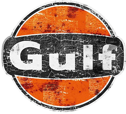 Gulf Oil Sticker, Ref: 03 – Monomer mit Used-Effekt, Scratched, Durchmesser von 05 bis 120 cm – Le Mans Herbie 53 Cox Scratched (15 x 15 cm)