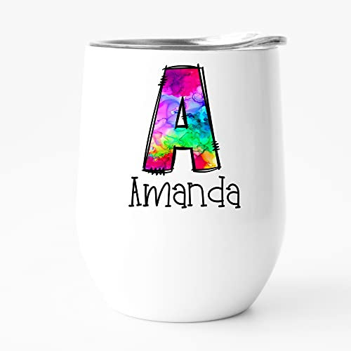 Alphabet Letter Wine Tumbler Gifts Personalised Initial and Name for Her Girlfriend Wife Women Insulated with Lid Birthday Mothers Day (Rainbow Ink)