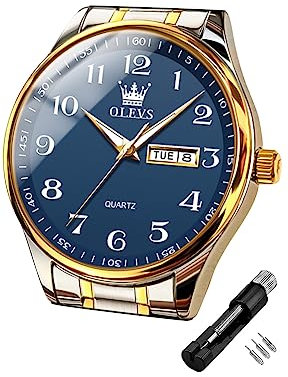 OLEVS Herrenuhren Blau Gold Silber Edelstahlband wasserdichte Kalender Armbanduhr