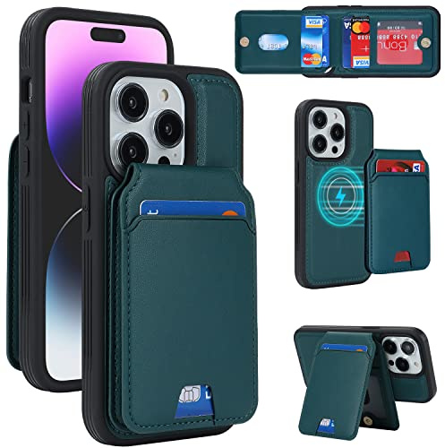 Cavor iPhone 14 Pro Case With Magsafe Wallet With Card Holder,[5 Slot] Flip Leather Magnetic Stander Protective Phone Cover Case for iPhone 14 Pro - Dark Green