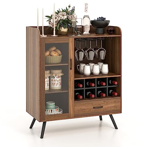 TANGZON Sideboard with Wine Rack, Glass Door Storage Cabinet with Glass Holders, Drawer, Shelves & Anti-tipping Device, Drinks Storage Display Cupboard for Home Bar Living Dining Room