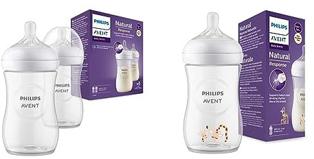 Philips Avent Babyflaschen Natural Response – 2x Babyflaschen, 260 ml & Avent Babyflasche Natural Response – Babyflasche, 260 ml, BPA-frei, für Babys ab 1 Monat, Giraffenmotiv (Modell SCY903/66)