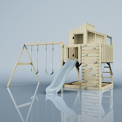 Rebo Spielturm mit Spielhaus inkl. Wellenrutsche und Kinder-Schaukel | Outdoor Klettergerüst Garten | Kletterwand und Kletterleiter | Stabile Konstruktion, Weiches Gefühl in den Seilen