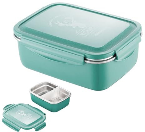 kyaoayo Brotdose Edelstahl mit Fächern, Lunchbox Auslaufsicher 850ml, Brotdosen für Erwachsene & Kinder, Nachhaltig Brotzeitbox mit Clip-Verschluss, Bento Box für Schule/Arbeit/Picknick (850ML, Grün)