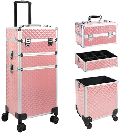 EBANKU 3 in 1 Professional Makeup Train Case Aluminum Cosmetic Case Rolling Makeup Case Extra Large Trolley Makeup Travel Organizer