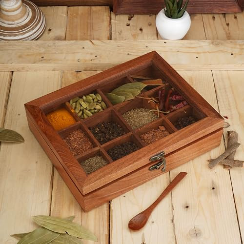 Ajuny Wooden Spice Box 10x8 Inch - Decorative Masala Dabba Organizer with Glass Lid, 12 Fixed Compartments & Spoon, Spice Storage Container, Ideal for Seasonings & Herbs, Best Gift