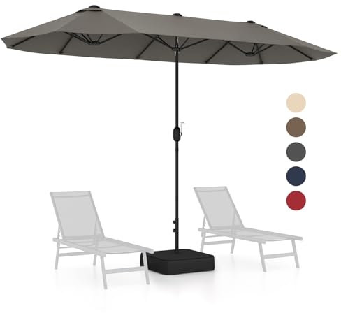 GOPLUS Doppelsonnenschirm 400 x 200 cm, Sonnenschirm mit Ständer, UV 50+, Gartenshirm mit Kurbel, Balkonschirm groß, Marktschirm Oval für Garten & Terrasse (Grau,400 x 200 cm-Ohne LED)