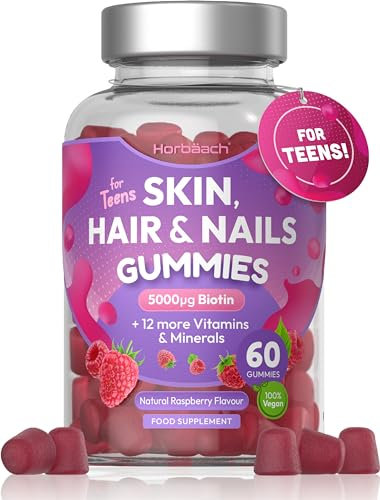 Hair Skin Nail Gummies for Teens | 60 Count | Natural Raspberry Flavour | 5000ug of Biotin with 12 More Vitamins and Minerals | Vegan Food Supplement | by Horbaach