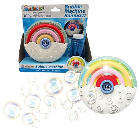 alldoro 60613 Seifenblasenmaschine Rainbow mit Leucht-Effekt - weiß mit Regenbogenfarben - inkl. 100 ml Seifenlauge - tragbar