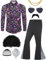 Ragelion Herren 70er Jahre Outfit Retro Disco Kostüm Set Männer Hippie Kostüm Hemd und Schlaghosen für Karneval oder Mottoparty
