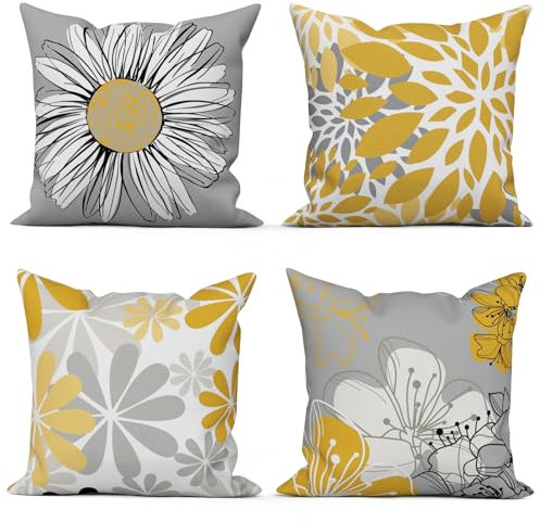 ASDCXZ Gelb Kissenbezug 45x45 cm 4er Set, Modern Gelb Grau Blumen Muster Sofa Dekokissen Kissenbezüge Kissenhülle Waschbar Polyester Flachs Textil Outdoor Kopfkissenbezug Kissen Bezug