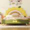 Kinderbett Polsterbett 140x200, Einzelbett Bettgestell Sonnenblumenform, Jugendbett mit Lattenrost und Rückenlehne, Bettgestell für Mädchen, Bett für Kinder und Jugendliche, PU-Bezug, Grün+Gelb