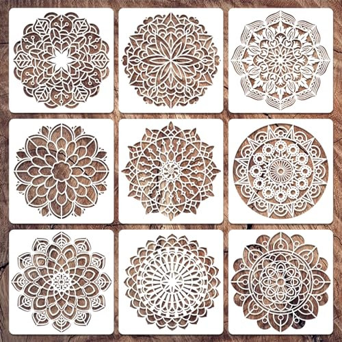 Yosugar 9 Stück Mandala Schablonen,Wand Schablonen,Malschablonen für Scrapbooking Zeichnung Verfolgung Wand Haus Dekoration DIY Geschenkkarten Geschenke Kinder (Mandala-9 Stk)