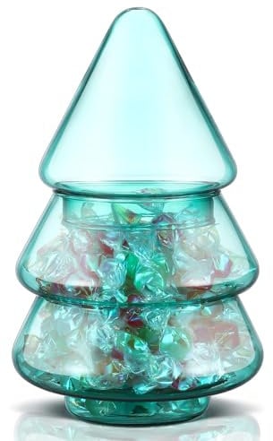 Sliner Christmas Tree Candy Jars Glass Cookie Jars with Lids Lovely Christmas Tree Jar Bowl Food Storage Container for Xmas Festival Holiday Party Gift Table Decoration (Green,7.09 x 4.33 Inch)