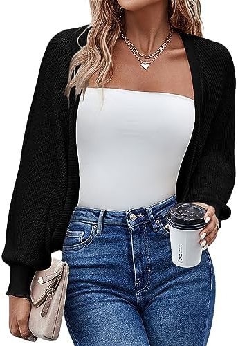 HOTOUCH Cardigans for Women UK Shrug Cardigan Women Short Long Sleeve Batwing Open Front Lightweight Casual Loose Knit Jumper Tops for Dress Evening Wedding Black XL