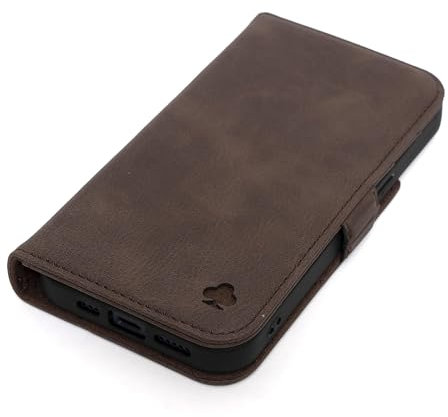 Porter Riley - Lederhülle kompatibel mit iPhone 16e. Premium Echtleder Standhülle/Ledertasche/Brieftasche mit Karten Steckfächern und Horizontale Standfunktion (Schokoladenbraun)