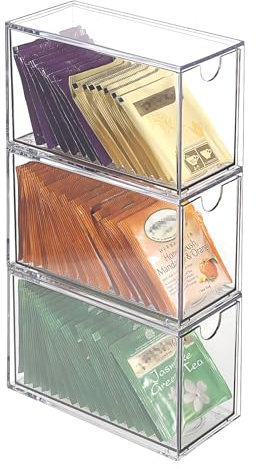 OGANAZI 3 Pcs Klein Teebeutel Organizer Acryl Aufbewahrungsbox mit Schubladen Durchsichtig Stapelbar Schubladenboxen für Kaffeekapseln, Schreibwaren, Kosmetik, Schmuck zum Schreibtisch, Schminktisch