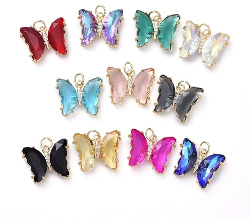 Stiesy Schmetterlings-Anhänger in verschiedenen Farben, für Schmuckherstellung, facettiertes Kristallglas mit Zirkonia-Anhänger, Tier-Anhänger mit Biegering, Großpackung für Bastelarbeiten, Armbänder,