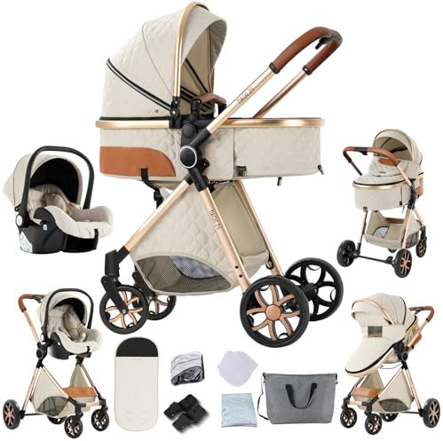 Veitoalioy Kinderwagen 3 in 1, Bequemer Multifunktionaler Kombikinderwagen 3 in 1 Komplettset, Aluminium Hohe Landschaft Babywagen, Faltbarer Kinderwagen Set (V9 Creamy White)