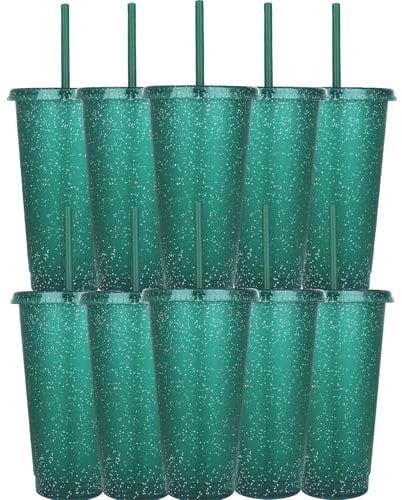 Yisituo 710ml Reusable Plastic Cups, 10 Pack Cold Cups with Lid and Straw, Tumblers Travel Mugs for Adults and Kids Party and Beach, Pool Gatherings (10, Glitter Dark Green)