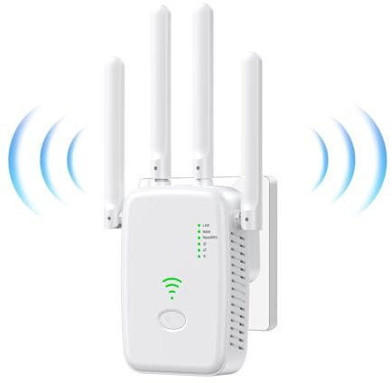 2025 Nuevo Repetidor WiFi, Amplificador Extensor WiFi con 2 Puertos ethernet, 4 Antenas, Modo Repetidor/Router/Ap, Extensor WiFi para Casa/Oficina, fácil instalación acción