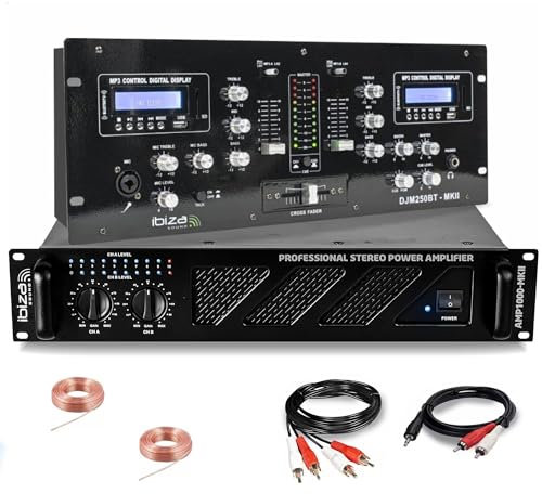 Ibiza - DJ-Sound-Pack Verstärker Ibiza Sound AMP1000-MKII 1600 W – Mischpult Bluetooth DJM250BT-MKII Cinch XLR – Cinch-Kabel mit Klinkenstecker, Lautsprecher im Lieferumfang enthalten