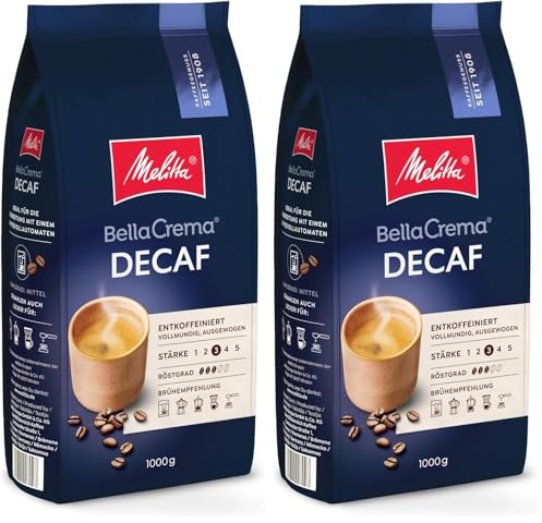 Melitta BellaCrema Decaf Ganze Kaffee-Bohnen entkoffeiniert 1kg, ungemahlen, Kaffeebohnen für Kaffee-Vollautomat, koffeinfrei, milde Röstung, geröstet in Deutschland, Stärke 3 (Packung mit 2)