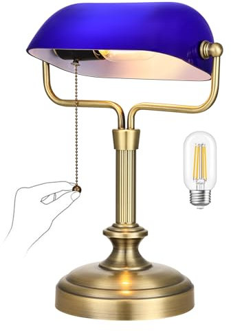 LOFOB Banker Schreibtischlampe, Glasschatten, Vintage -Lampe mit Pull -Kettenschalter für Heimbüro, Klavierlampe (Antique Brass+Blue)