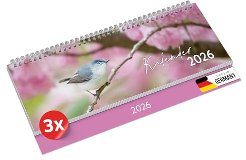 PRIMUS PRINT Tischkalender 2026 Quer Wochenkalender – 64 Seiten Terminkalender und Jahreskalender – 297x130mm – 75g Naturpapier, Drahtkammbindung, Feiertage und Schulferien - [3er Set - Vogel]