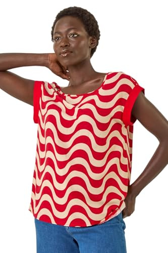Roman Originals T-Shirt for Women UK - Ladies Tee Shirt Summer Top Holiday Day Causal Short Sleeve Blouses Round Crew Boat Neck Lightweight - Red Wave - Size 20