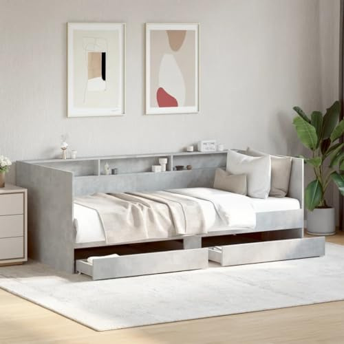 Hoodmeel Tagesbett mit Schubladen 90x190 Schlafsofa 90x190 mit Schubladen Gästebett Jugendbett Bettgestell Holz-Betongrau-90 x 190 cm