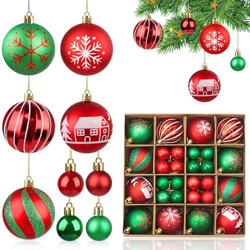 44 Stück XL Wetterfeste Weihnachtskugeln mit Schlüsselband 60mm/30mm Christbaumkugeln Vintage Weihnachtsbaumschmuck Grün Christbaumschmuck Retro Edel Weihnachtsdeko Weihnachtskugeln (Rot Grün)