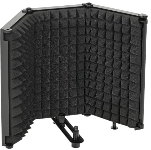HOMCOM Studio Microphone Isolation Shield Foldable Adjustable Black | Recording Studio Equipment, 3-Panel High Density Absorbent Foam Shield, 3/8 Threaded Mount