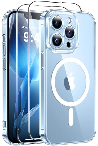 Qasyfanc for iPhone 13 Pro Max Case, Compatible with MagSafe, Clear | Anti-Yellowing, 2 Tempered Glass Screen Protector, Full Camera Protection, Scratch Resistant, Shockproof Protection