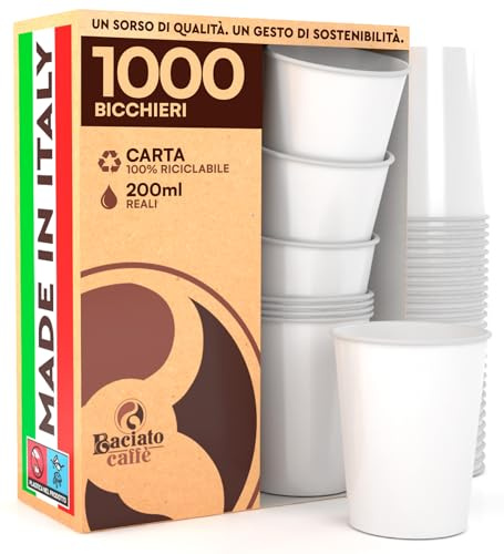 Baciato Caffè 1000 Bicchieri in Carta Bianchi 200ml Ecologici Biodegradabili Monouso Made in Italy Asporto Bevande Calde Acqua - Prodotto e Confezionato in Italia