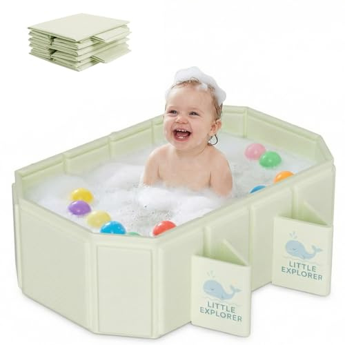 Bañera Plegable para Bebés de 0 a 6 Años, Bañera Infantil Portátil para Ducha, Bañera para Niños Plegable con 4 Patas de Soporte, Base Antideslizante y Doble Desagüe, Ahorra Espacio para Viaje (Verde)